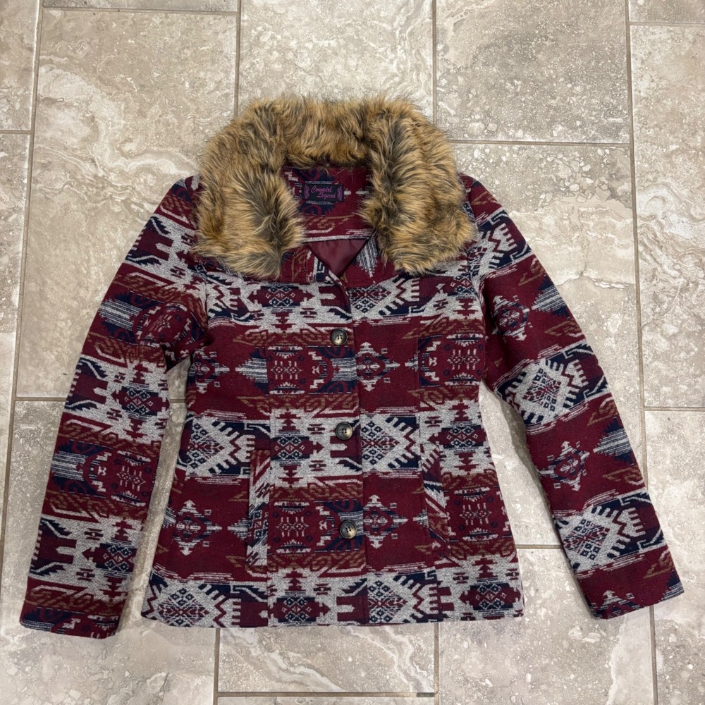 Cowgirl Legend Southwestern Aztec Print Jacket Burgundy Faux‎ Fur Collar Sz M